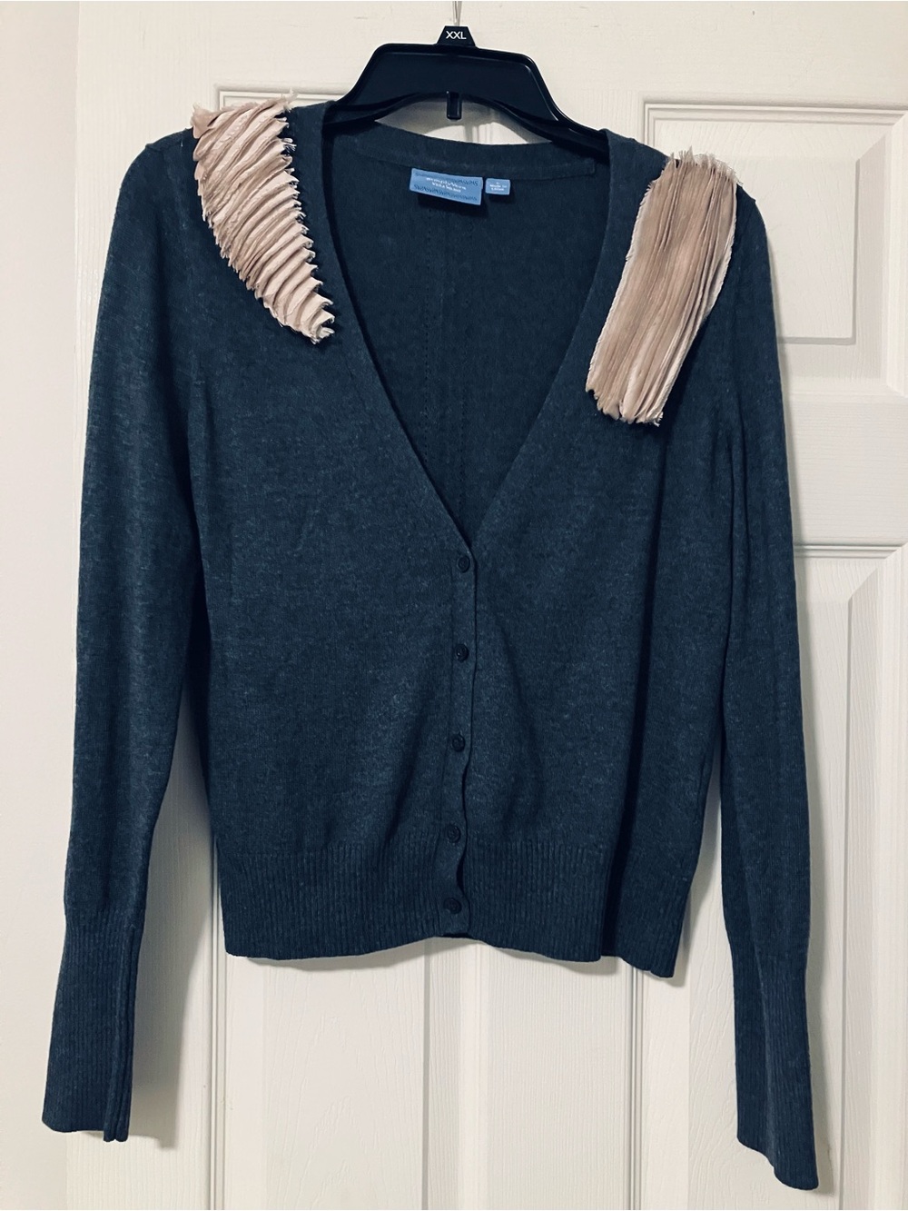 Vera Wang Dark Gray V-Neck Cardigan with Beige Pleated Shoulder Accents, size L